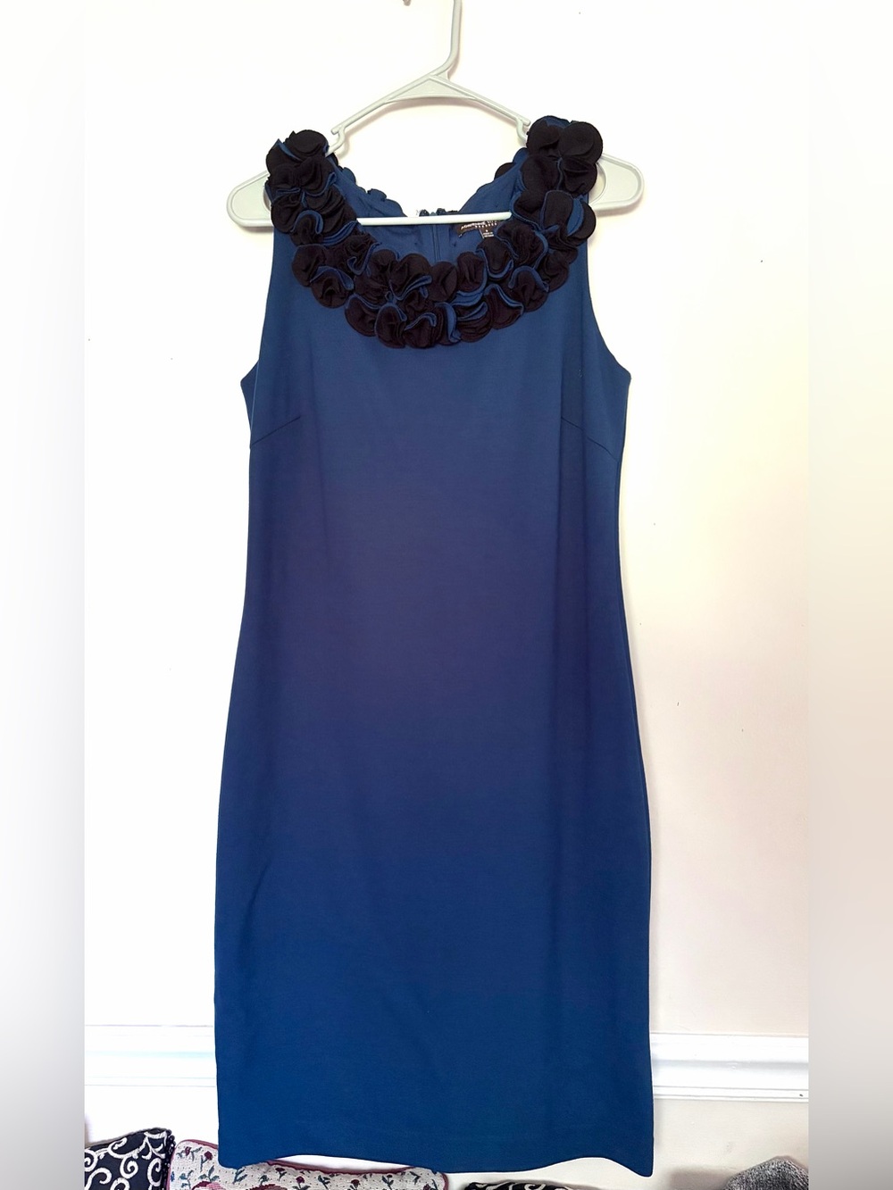 Adrienne Vittadini Deep Navy Sleeveless Midi Dress with Rosette Collar